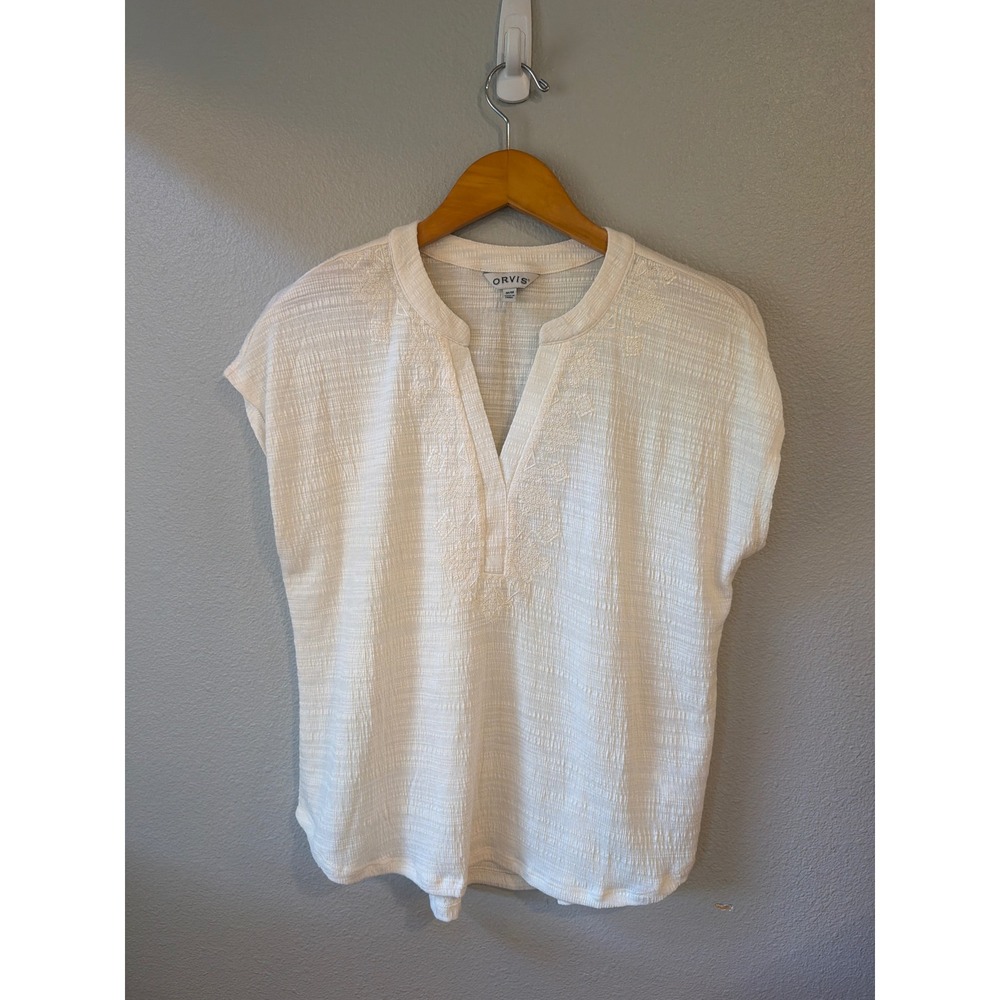 Orvis Embroidered Split Neck Blouse Women Medium Textured Cap Sleeve Top Boho